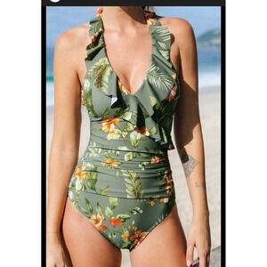 Cupshe Womens Floral Halter One Piece Swimsuit Gray Orange Tropical Ruffle L